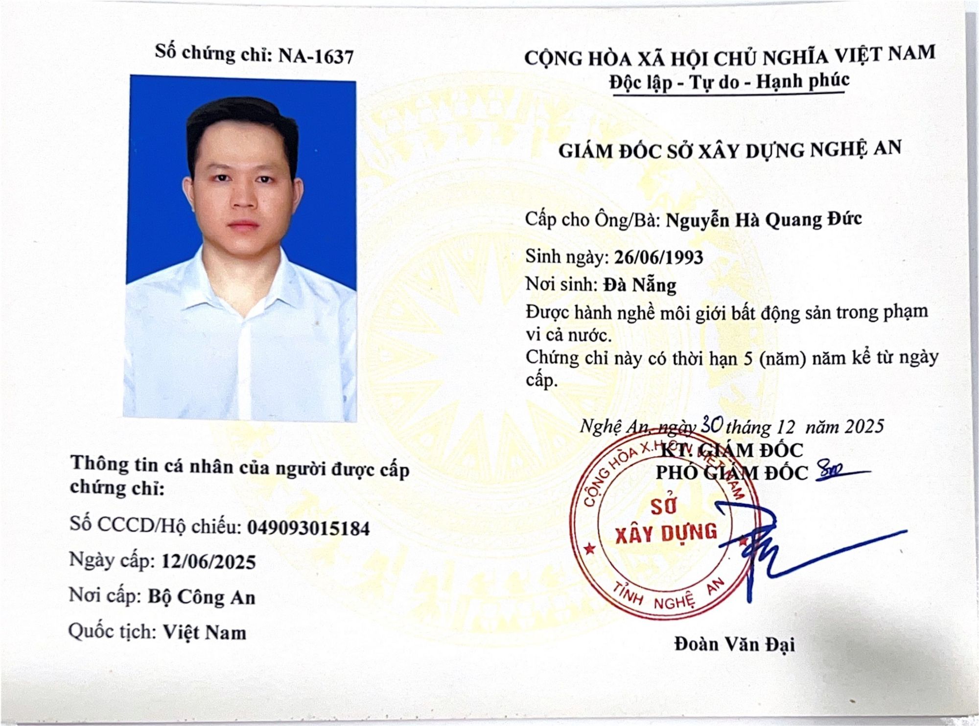Chứng chỉ hành nghề môi giới bất động sản Nguyễn Hà Quang Đức